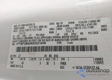 2019 Ford F-250 Xl из США, поврежденный, VIN 1FTBF2B62KEG21430